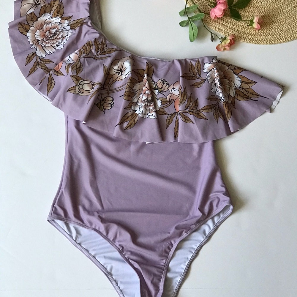 one piece off shoulder ruffled lavender swimsuit
